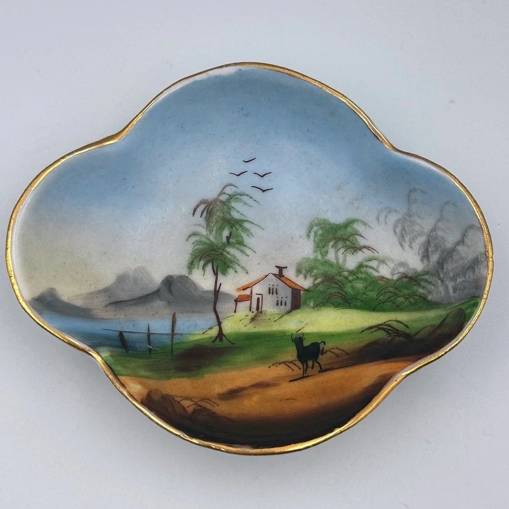 Vintage MCM Japanese‎ Landscape Porcelain Hand Decorated Teacup & Saucer